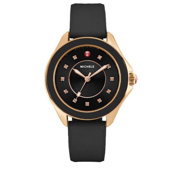 Michele Accessories - Michele Women’s Cape Silicone Black/Rose Gold Analog 40MM Watch